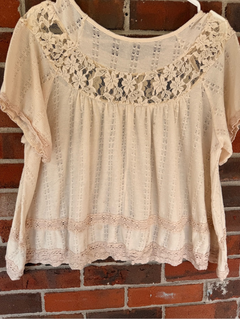 Free People Cream Lace Yoke Short Sleeve Blouse